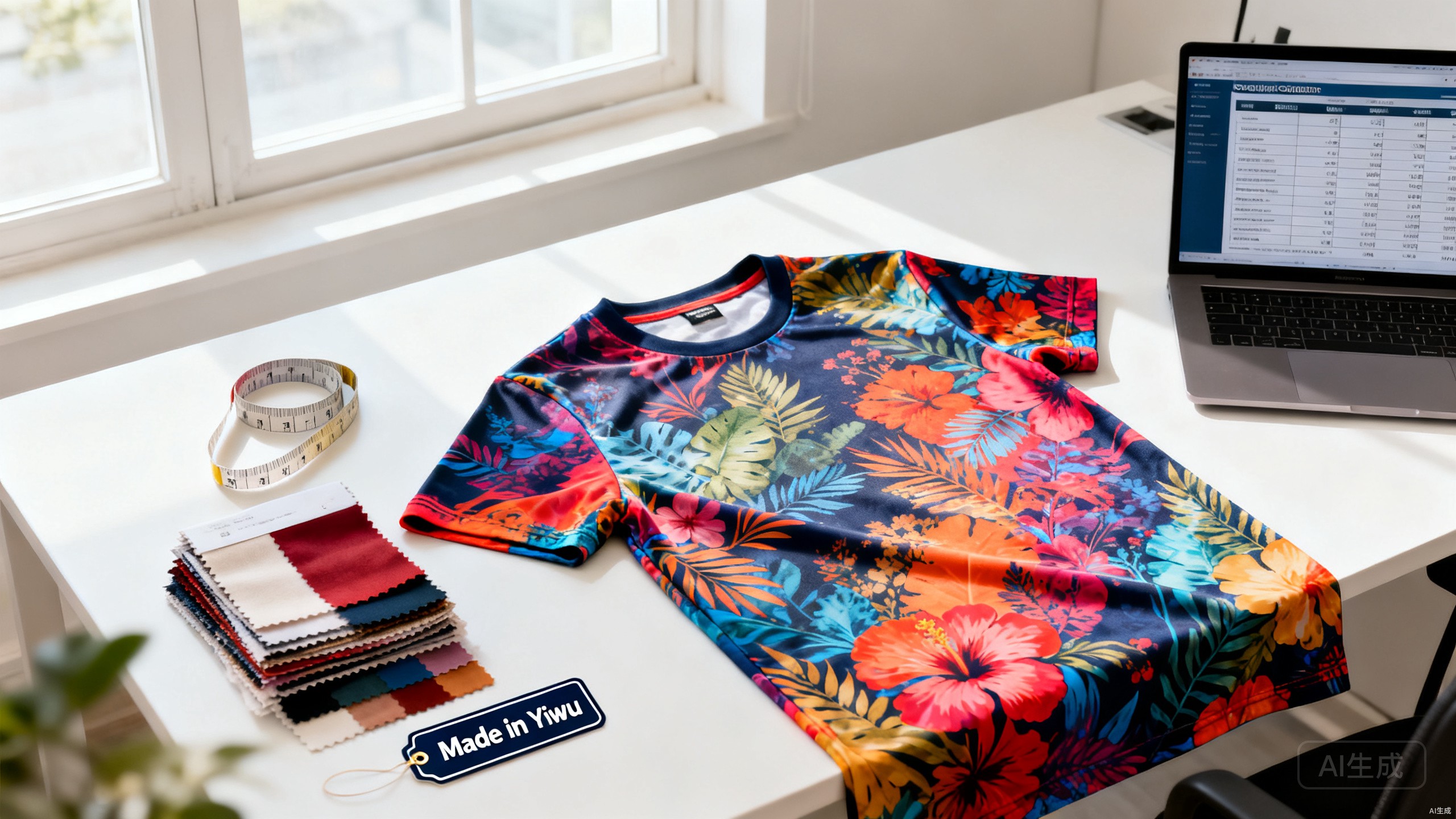 Custom sublimated t-shirt with fabric swatches and supplier comparison on a laptop — B2B apparel sourcing from a Yiwu factory
