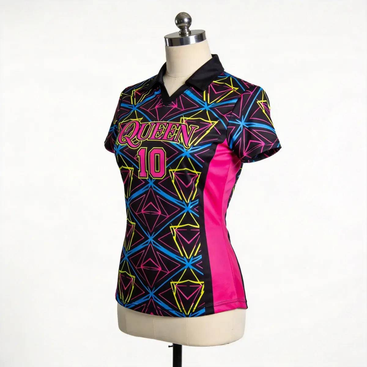 Custom sublimated women's black bowling jersey with neon geometric print