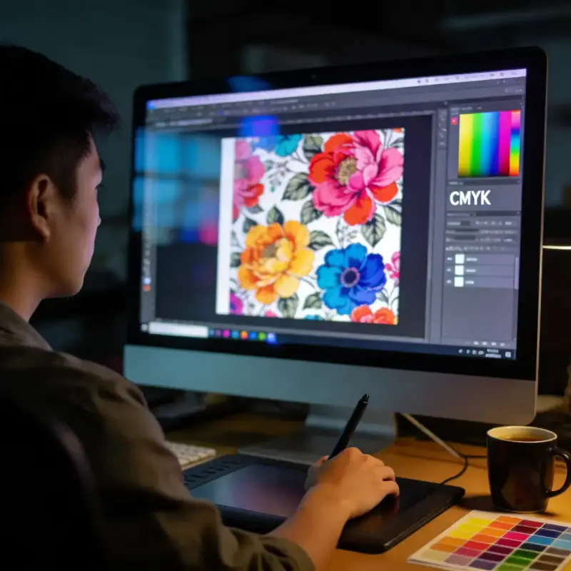 Designer workstation with vector artwork and sublimation fabric swatches