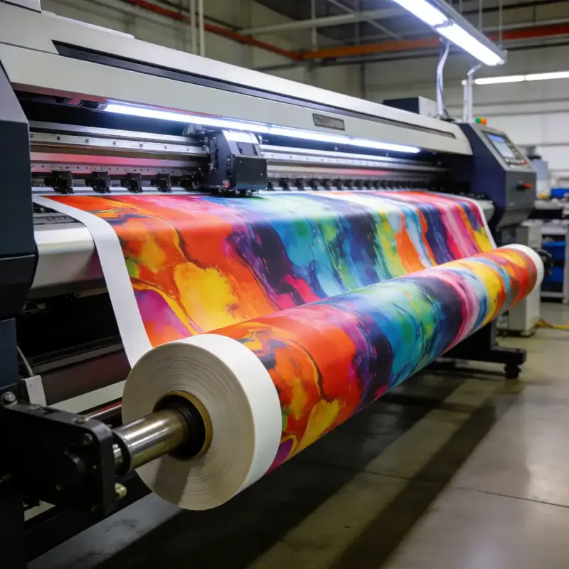 Wide-format industrial sublimation printer inside a Yiwu apparel factory, white polyester fabric feeding through the printer with cyan, magenta, yellow, and black ink cartridges visible at the print head