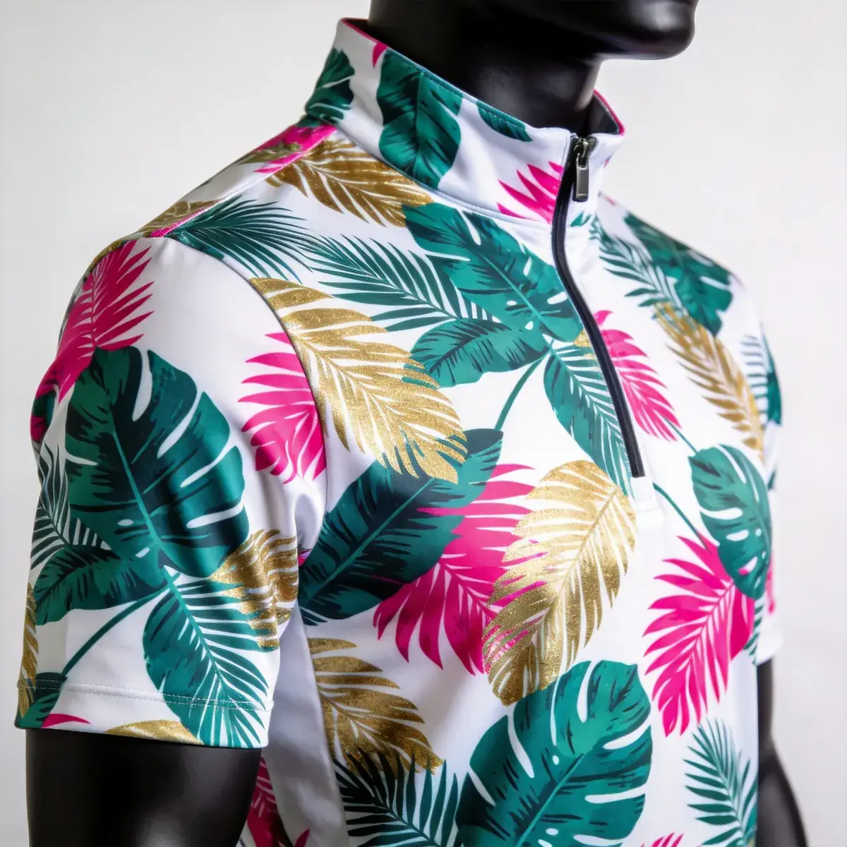 Custom sublimated white mock neck with tropical leaf print