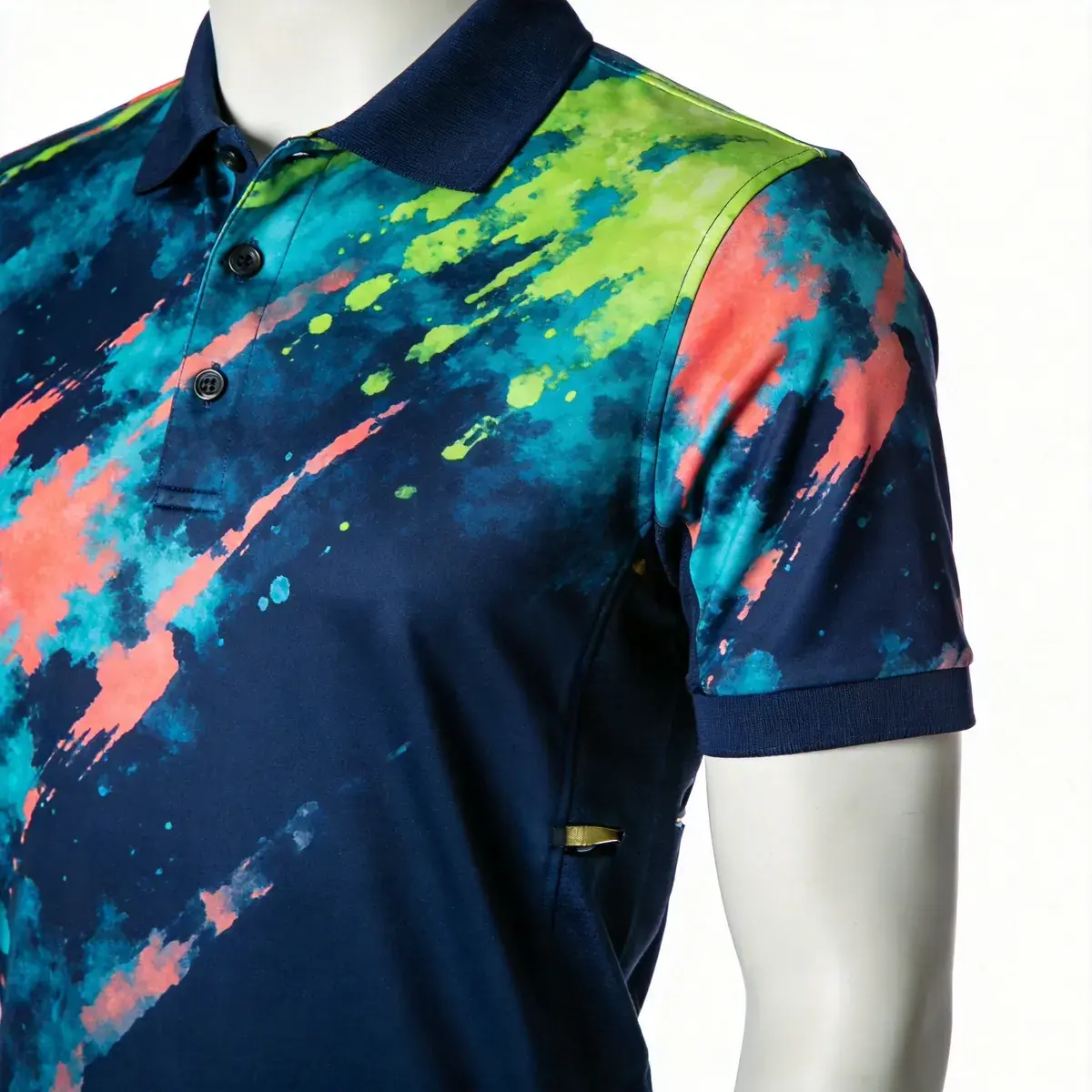 Custom sublimated navy golf polo with all-over abstract print