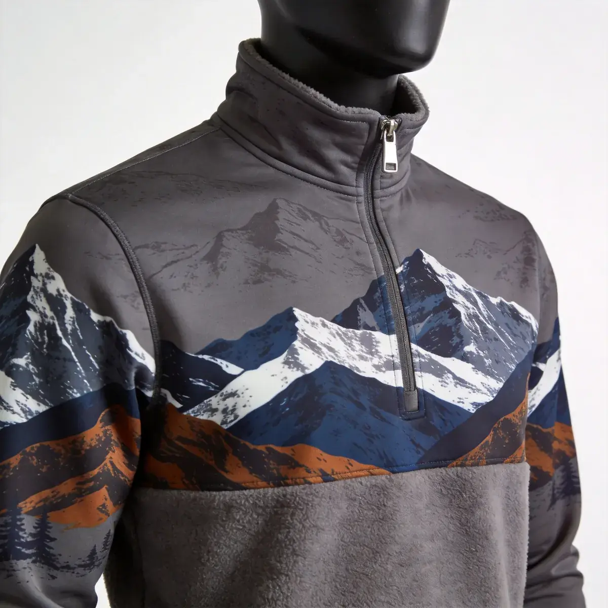 Custom sublimated charcoal quarter-zip with mountain landscape print