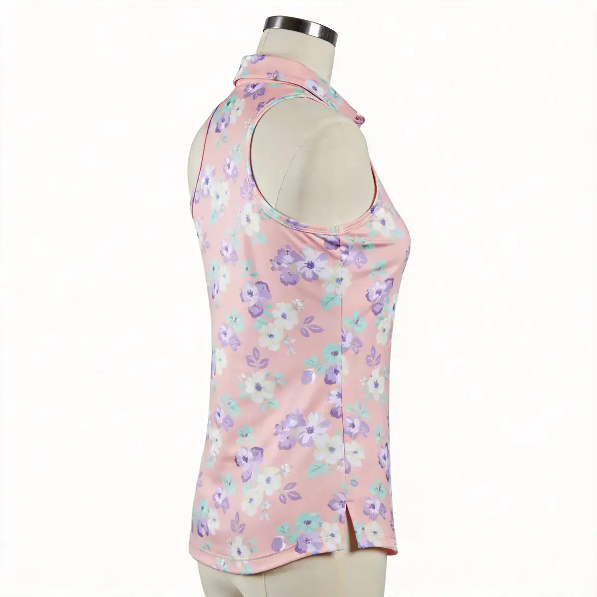 Custom sublimated women's pink sleeveless polo with floral print