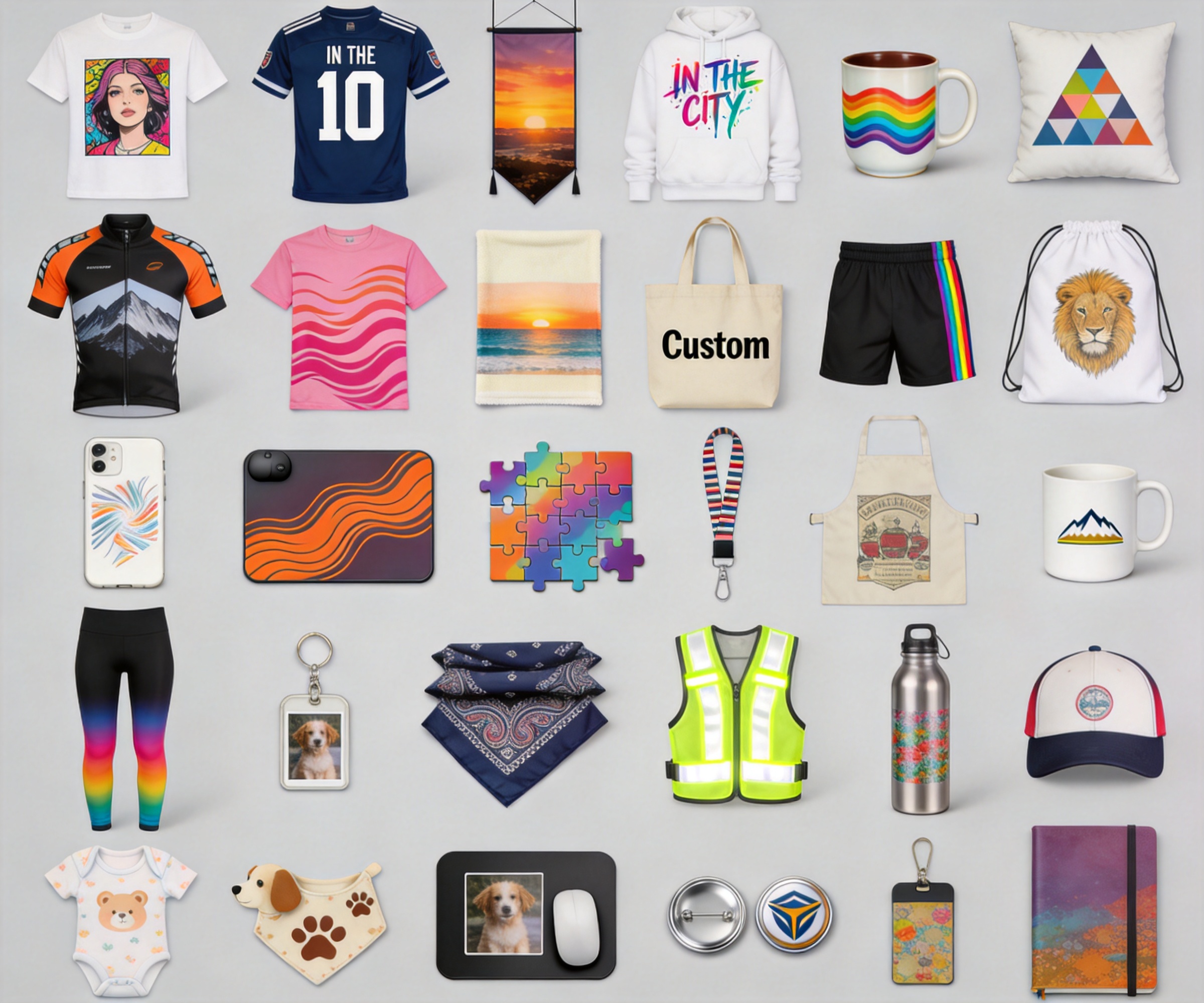 A dense grid of sublimated apparel products: t-shirts, hoodies, jerseys, flags, banners, mousepads, mugs and more