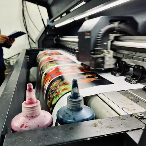 Large-format sublimation printer — CMYK print head in action