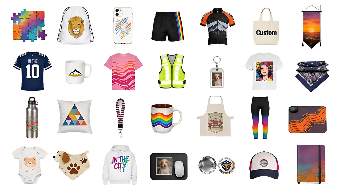 Range of custom printed products โ apparel, bags, home goods, hard substrates