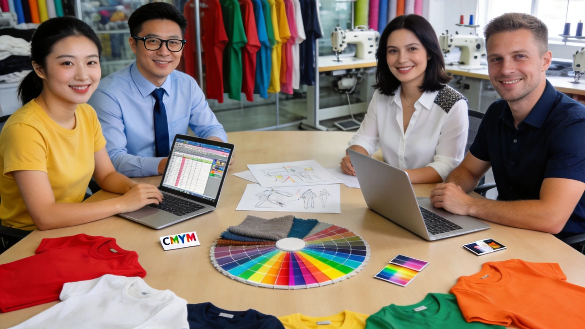 SublimApparel showroom meeting — color swatches, sample garments and laptops on the table